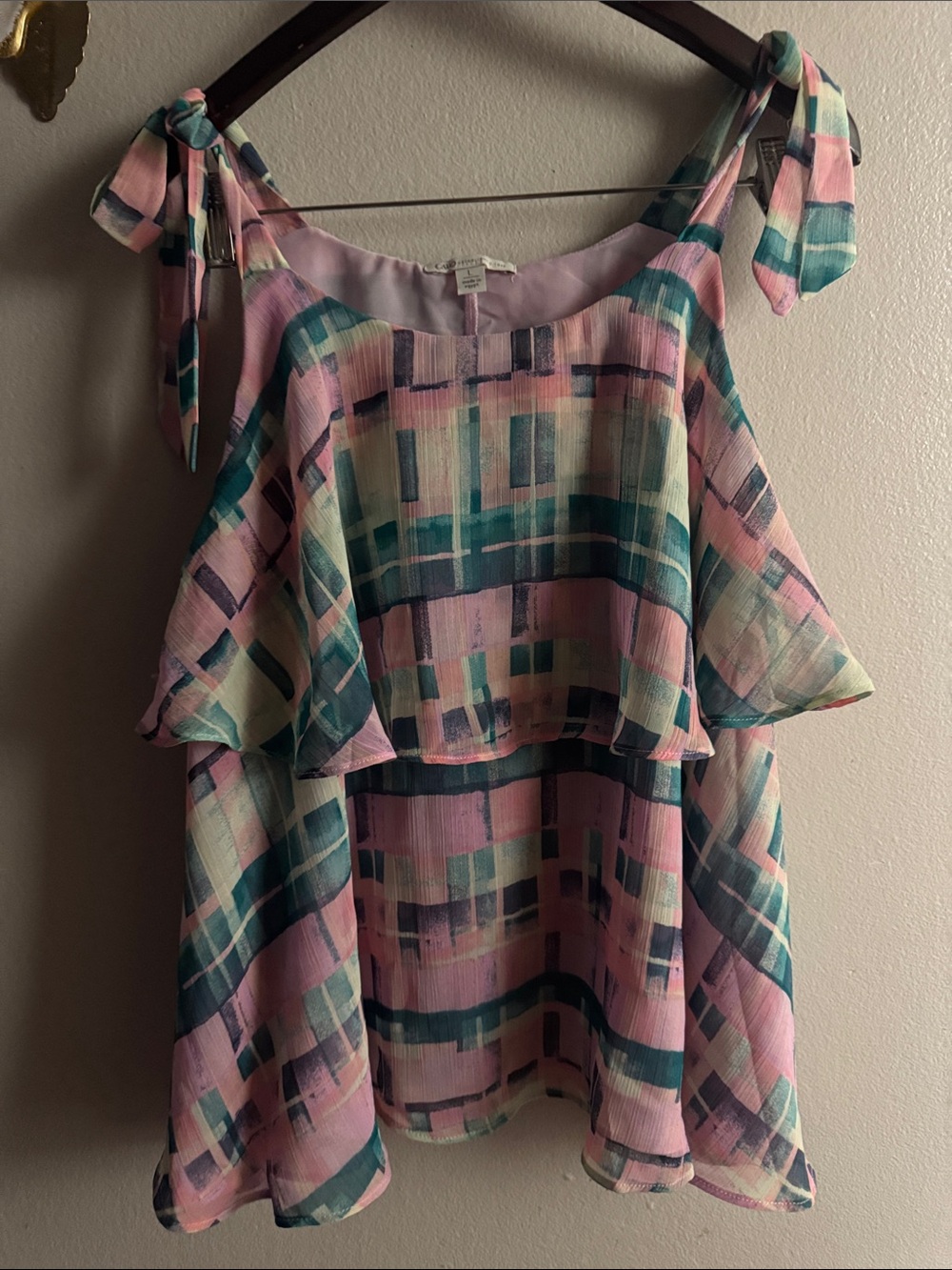 Cato Pink & Teal Plaid Tie-Shoulder Ruffle Camisole